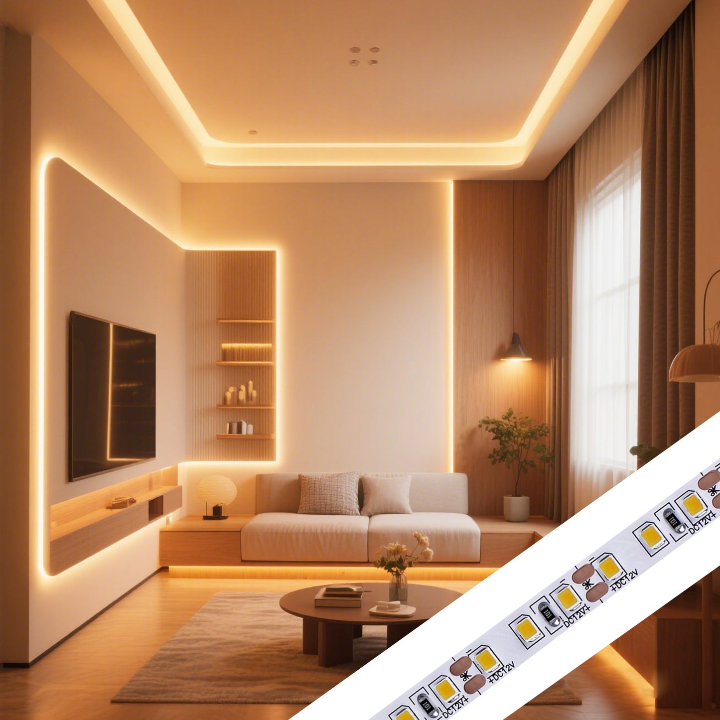 12V 5M Warm White 3000K LED Strip Light – Ultra Bright 600 LEDs, with Round DC Plug, Indoor Use