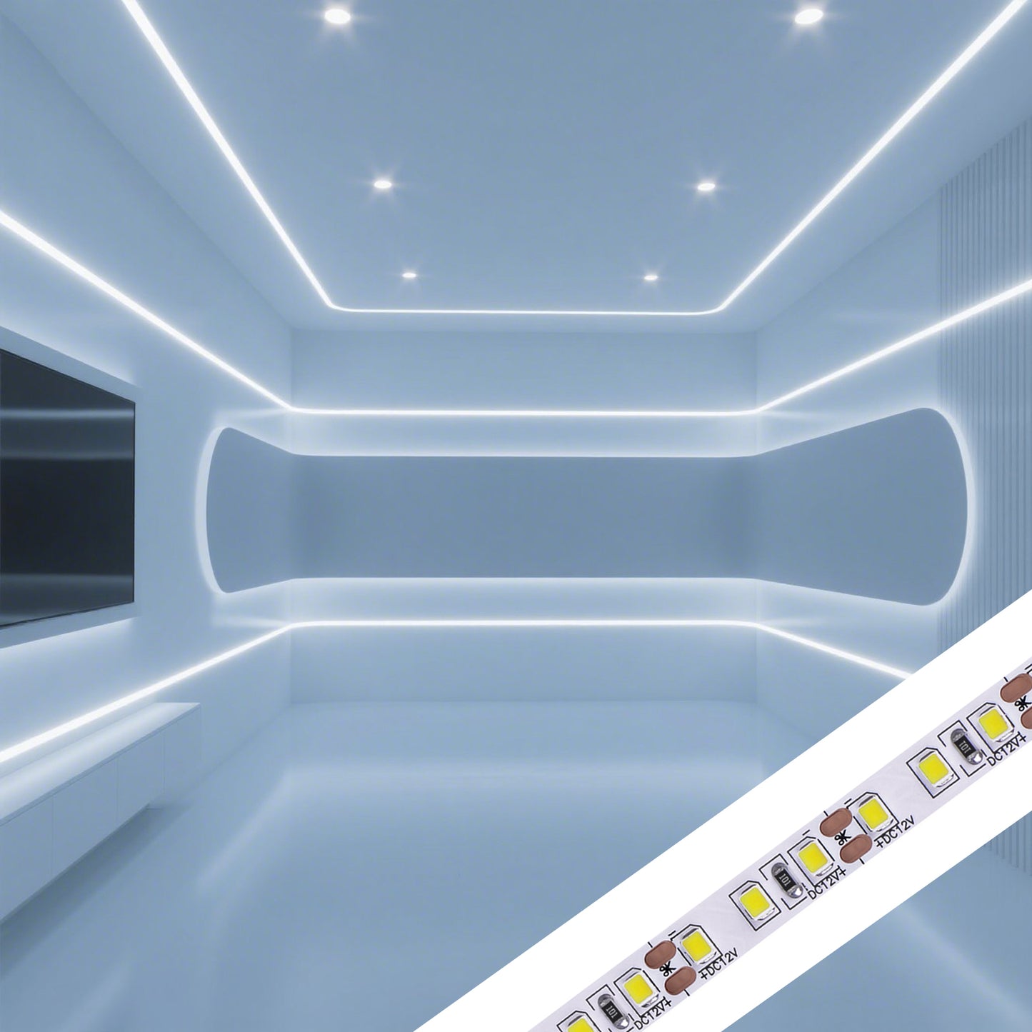 12V 5M Cool white 6000K LED Strip Light – Ultra Bright 600 LEDs, with Round DC Plug, Indoor Use, Dimmable
