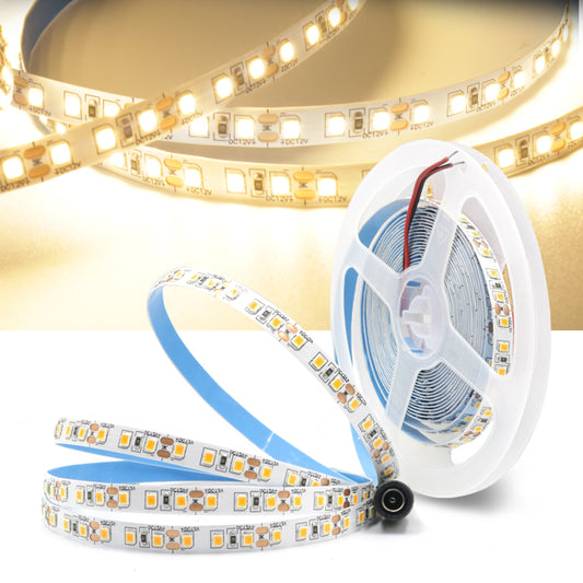 12V 5M Warm White 3000K LED Strip Light – Ultra Bright 600 LEDs, with Round DC Plug, Indoor Use