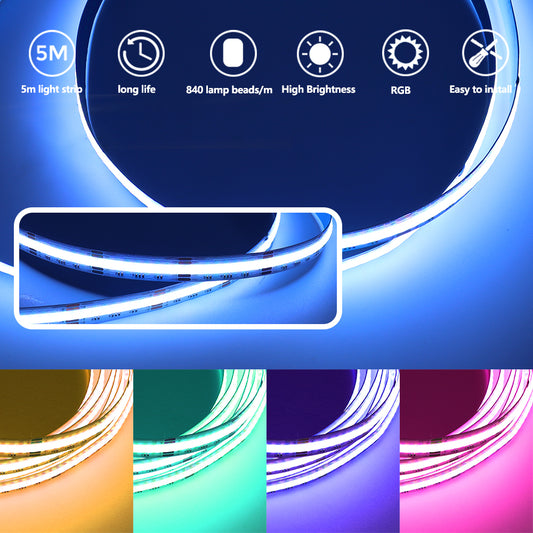 LED COB Strip RGB 24V 5M, Dimmable LED Strip, 4-Pin String Lights, High Density 840 LEDs/M, 10mm Width, Multicolor, IP20, for Bedrooms, Kitchens, and Home Interior Decor