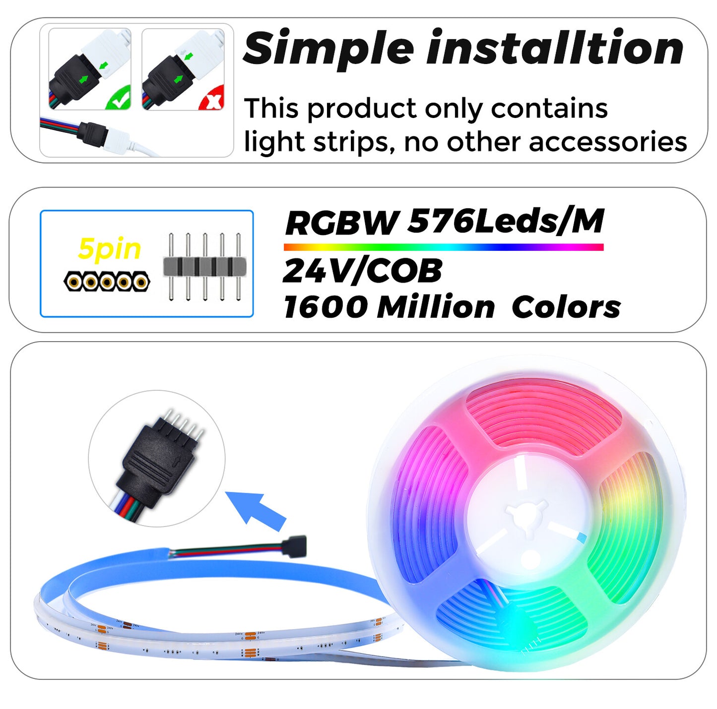 Premium 24V COB LED Strip RGBWW 4-in-1 - 784 LEDs/meter Ultra Bright 5M Roll with Warm White