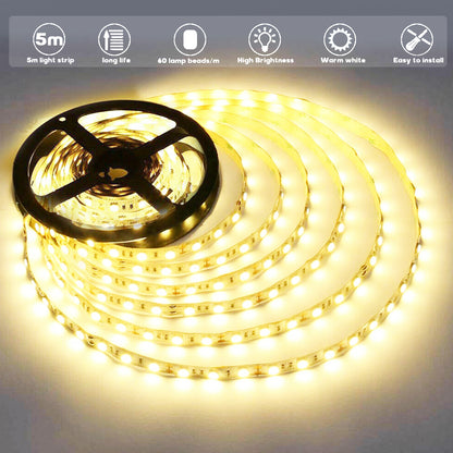 50pcs 24V 5M LED Strip, SMD, Self-Adhesive, Warm White 3000K, 10mm Wide, 60 LEDs/M, Flexible, IP20, DIY Light Strip, for TV, Bedroom Lighting