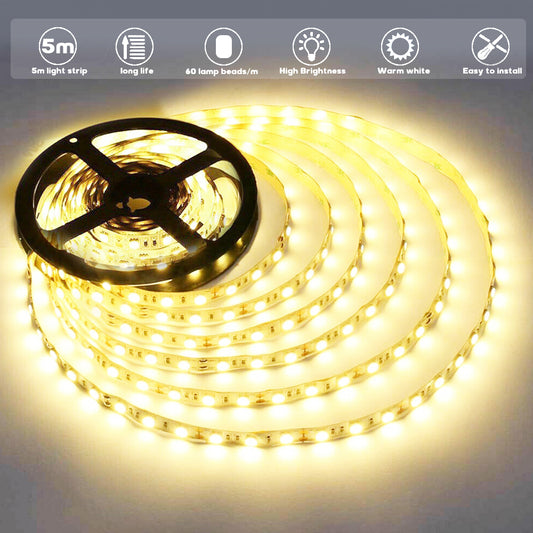50pcs 24V 5M LED Strip, SMD, Self-Adhesive, Warm White 3000K, 10mm Wide, 60 LEDs/M, Flexible, IP20, DIY Light Strip, for TV, Bedroom Lighting