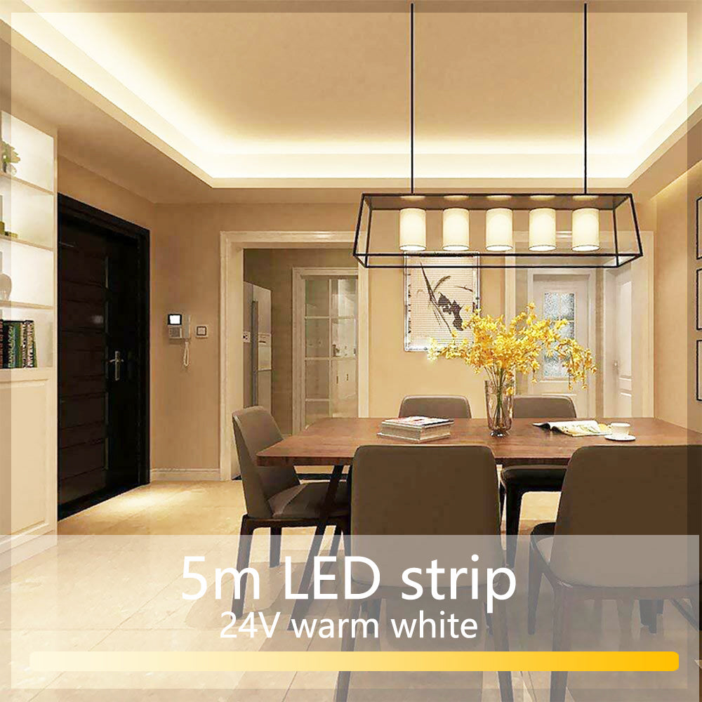 50pcs 24V 5M LED Strip, SMD, Self-Adhesive, Warm White 3000K, 10mm Wide, 60 LEDs/M, Flexible, IP20, DIY Light Strip, for TV, Bedroom Lighting