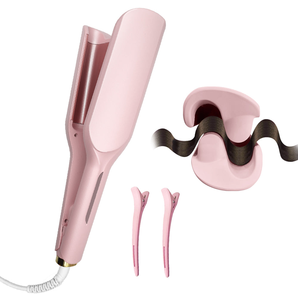 Dual Barrel Hair Crimper – 32mm Deep U Curls, 5 Heat Settings, Beach Waves, Pink & Purple