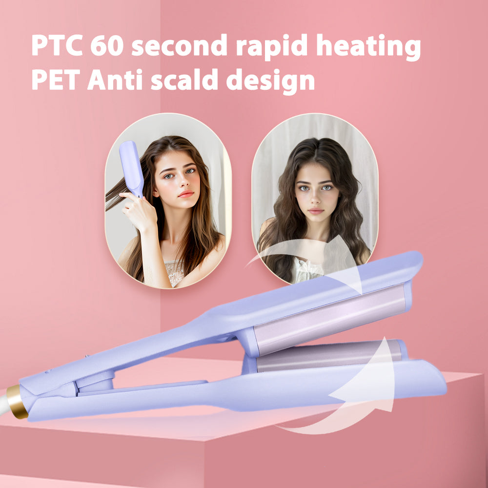 Dual Barrel Hair Crimper – 32mm Deep U Curls, 5 Heat Settings, Beach Waves, Pink & Purple