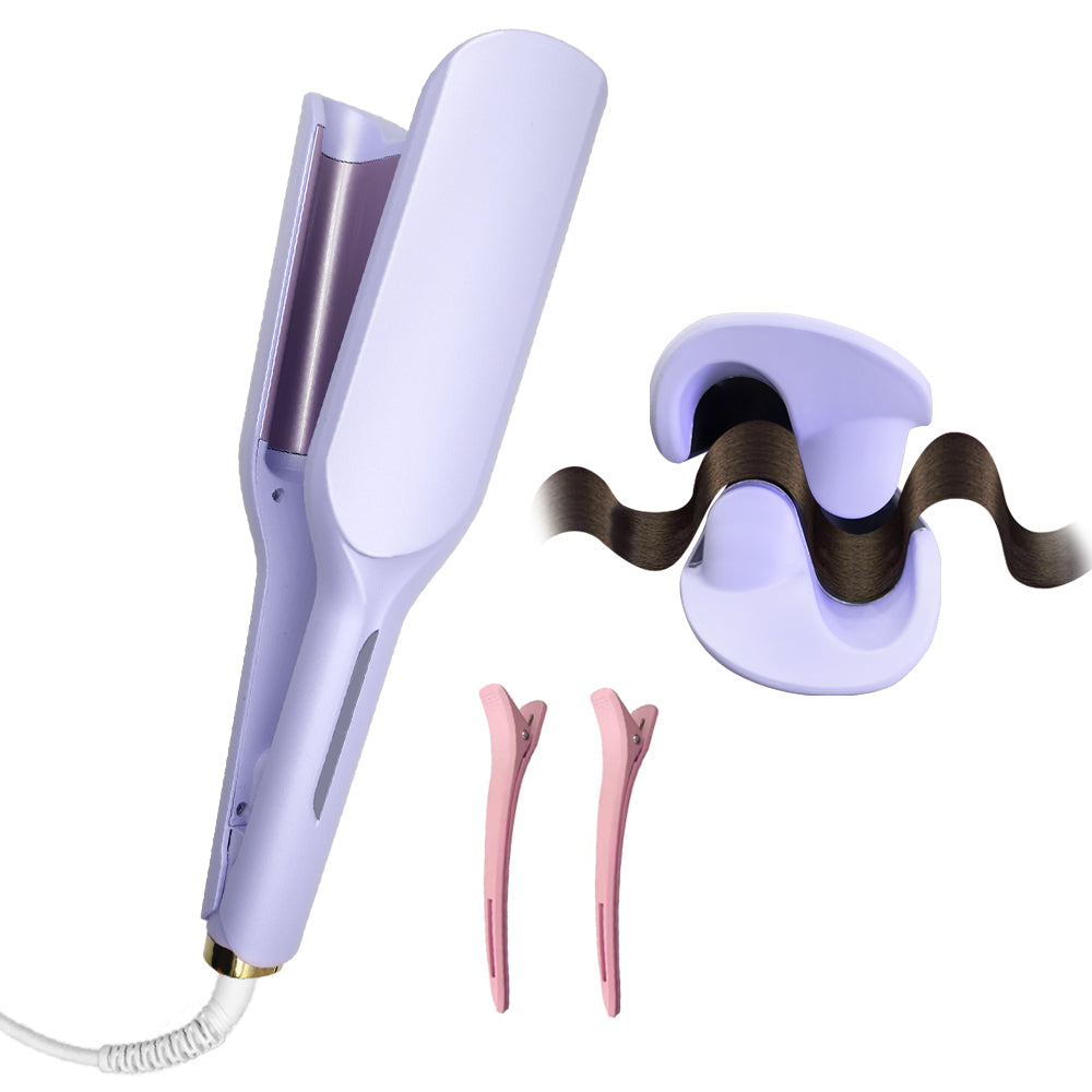 Dual Barrel Hair Crimper – 32mm Deep U Curls, 5 Heat Settings, Beach Waves, Pink & Purple