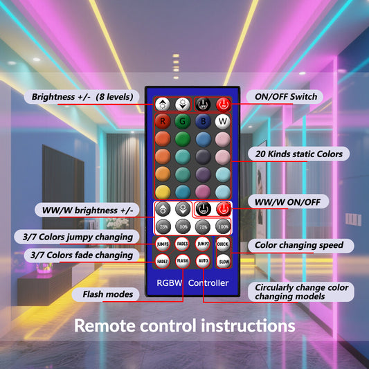 44K RGBW LED Strip Controller with IR Remote - Dimmable & Color Changing for 5050 Light Strips