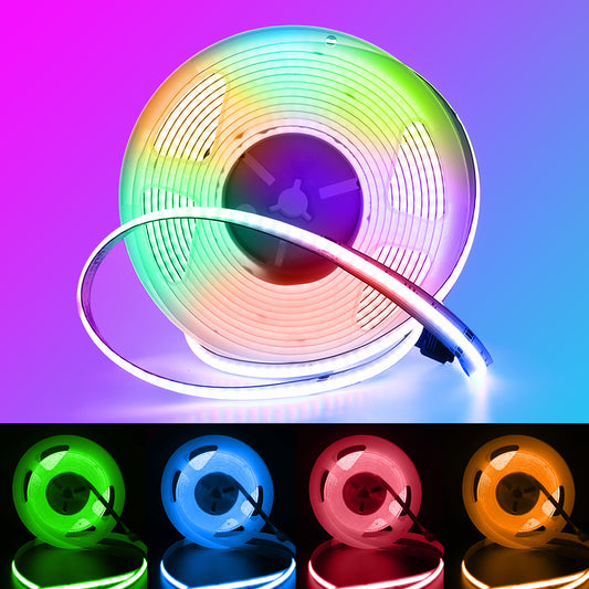 LED COB Strip RGB 24V 5M, Dimmable LED Strip, 4-Pin String Lights, High Density 840 LEDs/M, 10mm Width, Multicolor, IP20, for Bedrooms, Kitchens, and Home Interior Decor