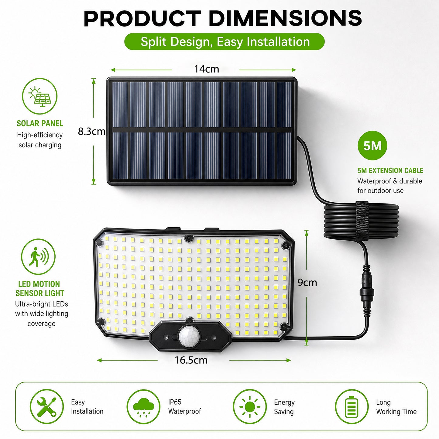 Outdoor LED Solar Light with Motion Sensor, Solar Lamp with Remote Control, 3-Mode LED Solar Lamps for Outdoor Use in Gardens and Yards, 5m Cable, IP65 Waterproof