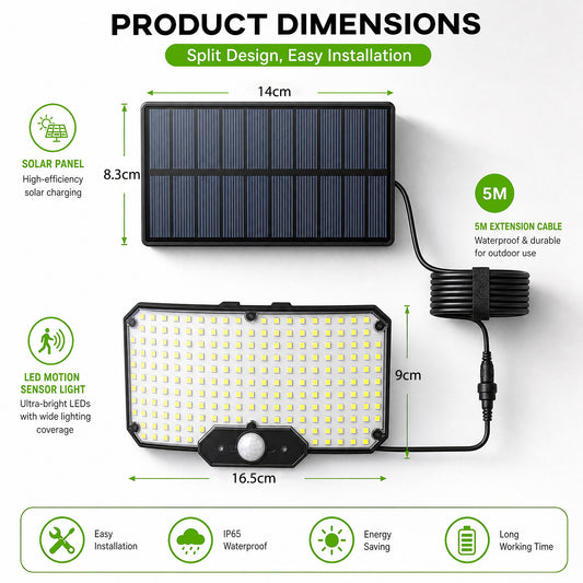 Outdoor LED Solar Light with Motion Sensor, Solar Lamp with Remote Control, 3-Mode LED Solar Lamps for Outdoor Use in Gardens and Yards, 5m Cable, IP65 Waterproof