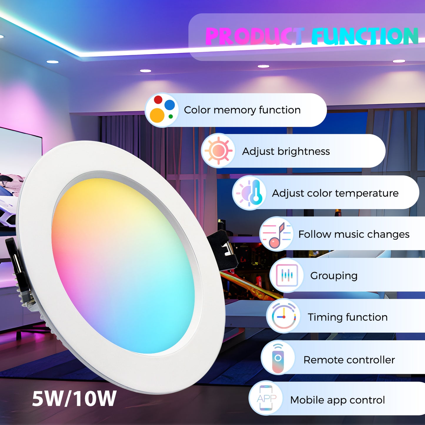 5W/10W RGBCW Bluetooth Downlight LED+APP  4PCS/6PCS 2.4G Remote Control