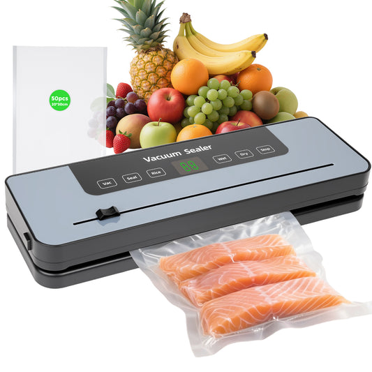 Vacuum sealer, vacuum sealer with 50 vacuum bags, food-grade film sealer with cutter and digital countdown timer for kitchen and restaurant food preservation