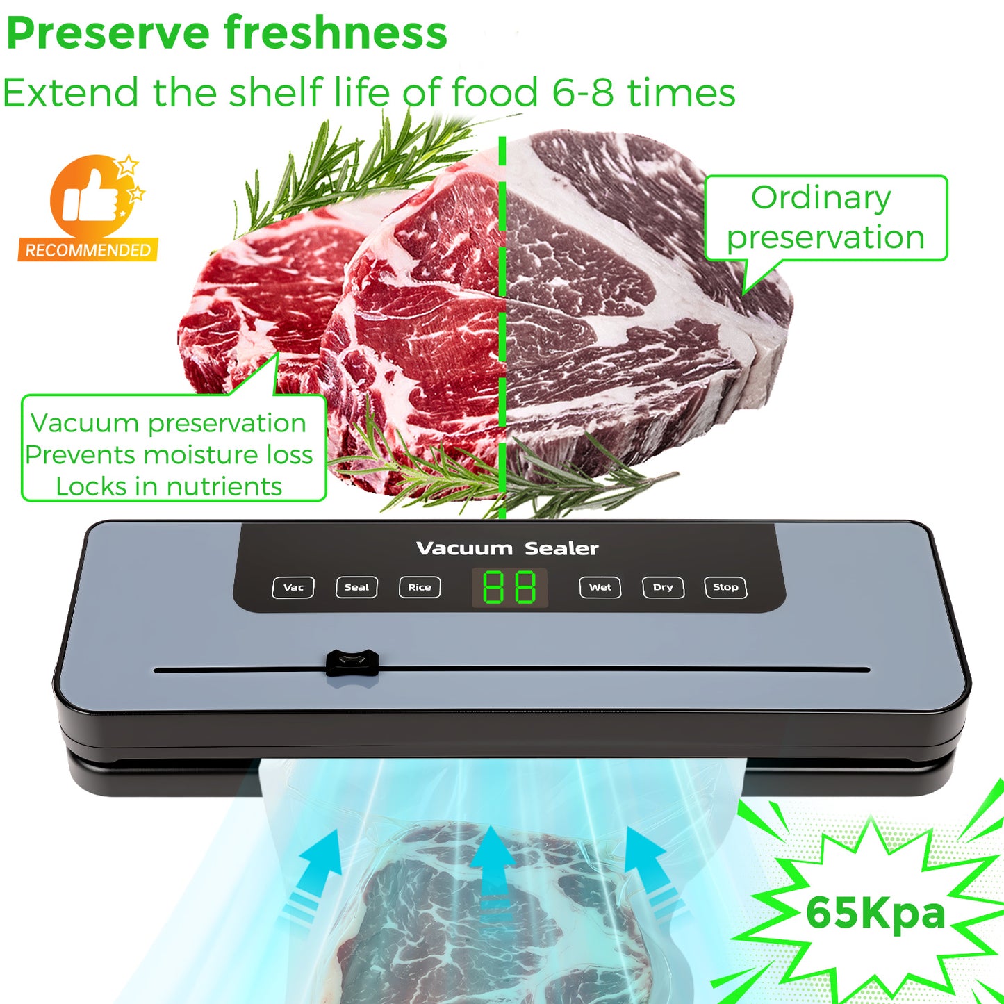 Vacuum sealer, vacuum sealer with 50 vacuum bags, food-grade film sealer with cutter and digital countdown timer for kitchen and restaurant food preservation