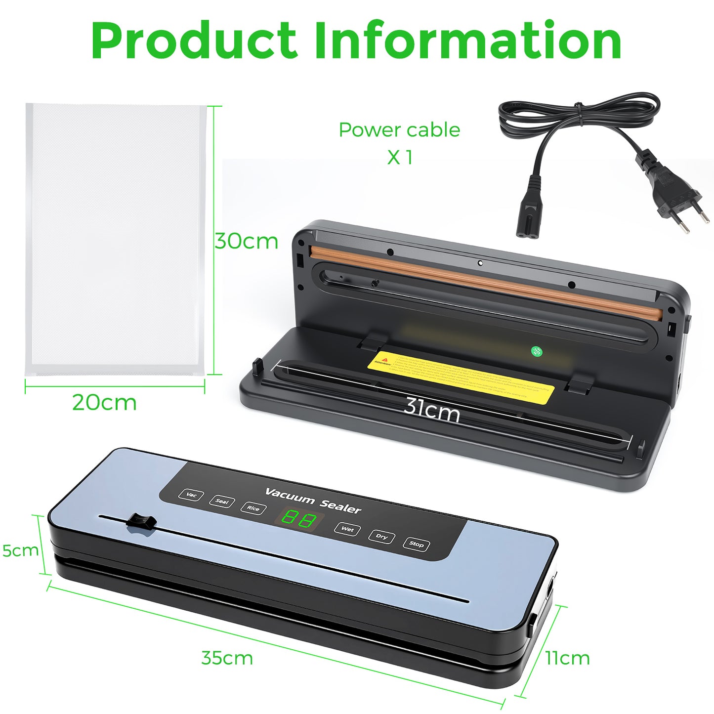 Vacuum sealer, vacuum sealer with 50 vacuum bags, food-grade film sealer with cutter and digital countdown timer for kitchen and restaurant food preservation