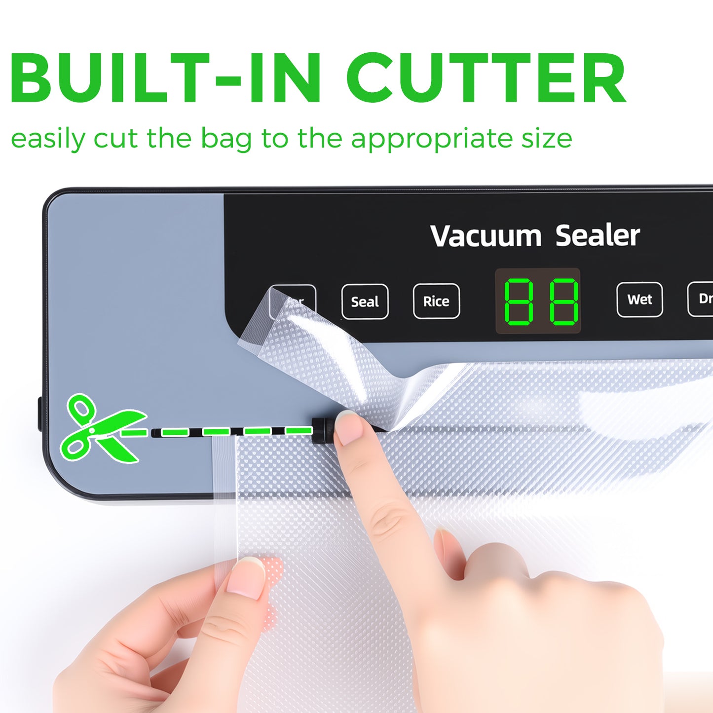 Vacuum sealer, vacuum sealer with 50 vacuum bags, food-grade film sealer with cutter and digital countdown timer for kitchen and restaurant food preservation