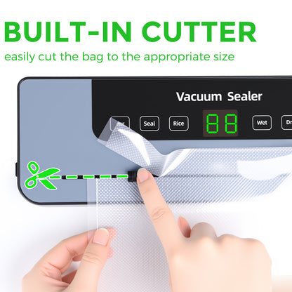 Vacuum sealer, vacuum sealer with 50 vacuum bags, food-grade film sealer with cutter and digital countdown timer for kitchen and restaurant food preservation