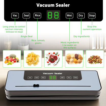 Vacuum sealer, vacuum sealer with 50 vacuum bags, food-grade film sealer with cutter and digital countdown timer for kitchen and restaurant food preservation