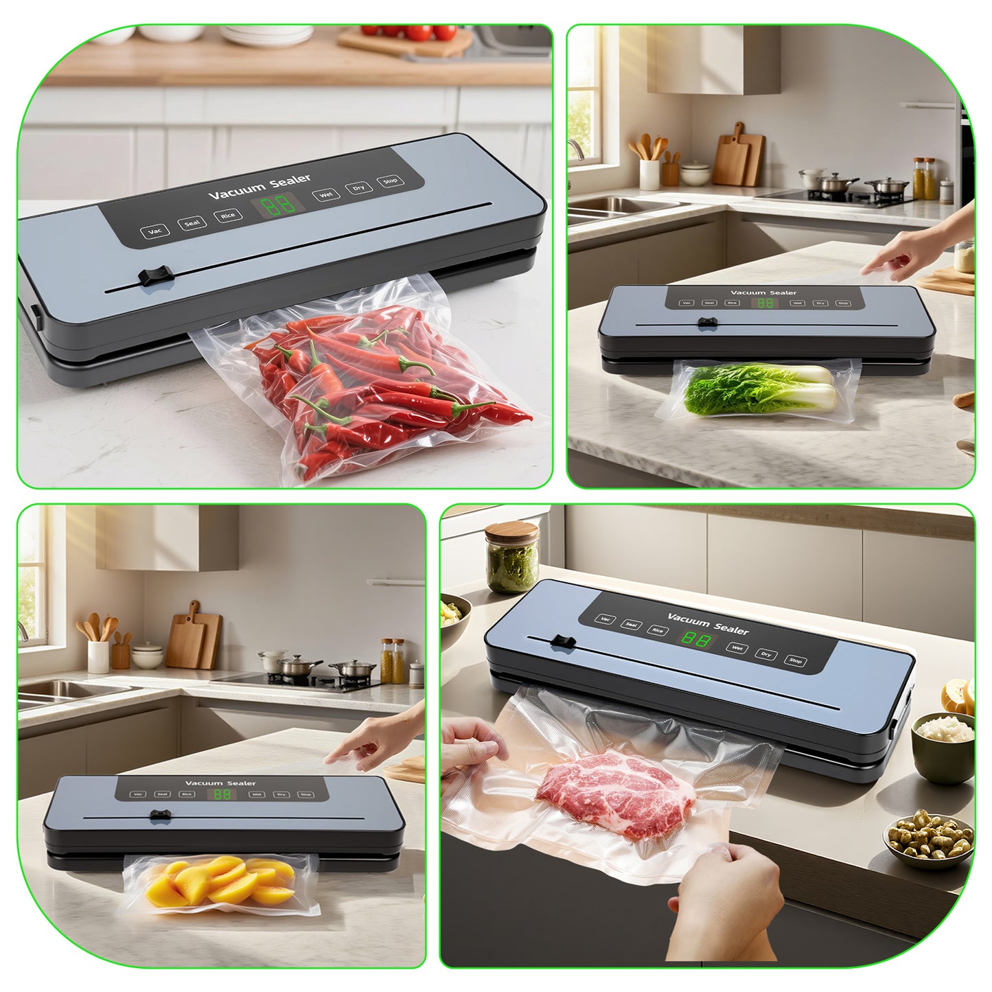 Vacuum sealer, vacuum sealer with 50 vacuum bags, food-grade film sealer with cutter and digital countdown timer for kitchen and restaurant food preservation
