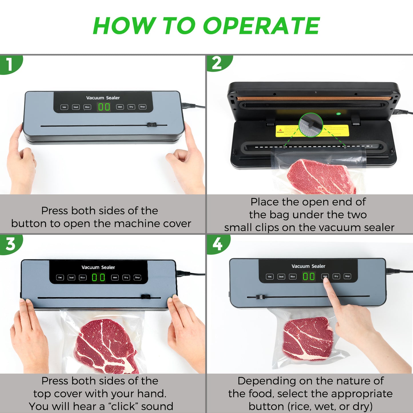 Vacuum sealer, vacuum sealer with 50 vacuum bags, food-grade film sealer with cutter and digital countdown timer for kitchen and restaurant food preservation