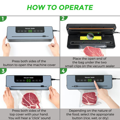 Vacuum sealer, vacuum sealer with 50 vacuum bags, food-grade film sealer with cutter and digital countdown timer for kitchen and restaurant food preservation