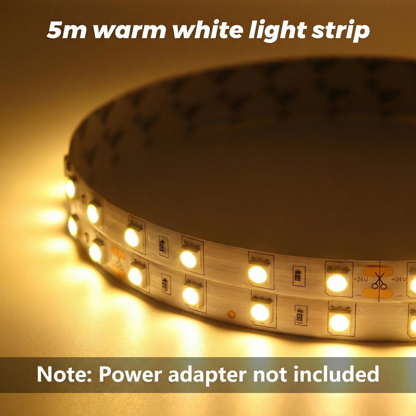 50pcs 24V 5M LED Strip, SMD, Self-Adhesive, Warm White 3000K, 10mm Wide, 60 LEDs/M, Flexible, IP20, DIY Light Strip, for TV, Bedroom Lighting