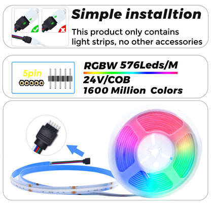 Premium 24V COB LED Strip RGBWW 4-in-1 - 784 LEDs/meter Ultra Bright 5M Roll with Warm White